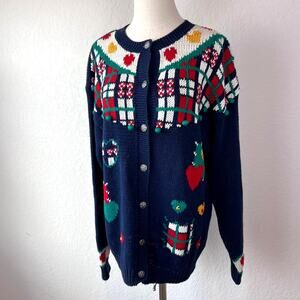 Vintage 90s Christmas Sweater Button Up Cardigan Hearts Navy Cottagecore M
